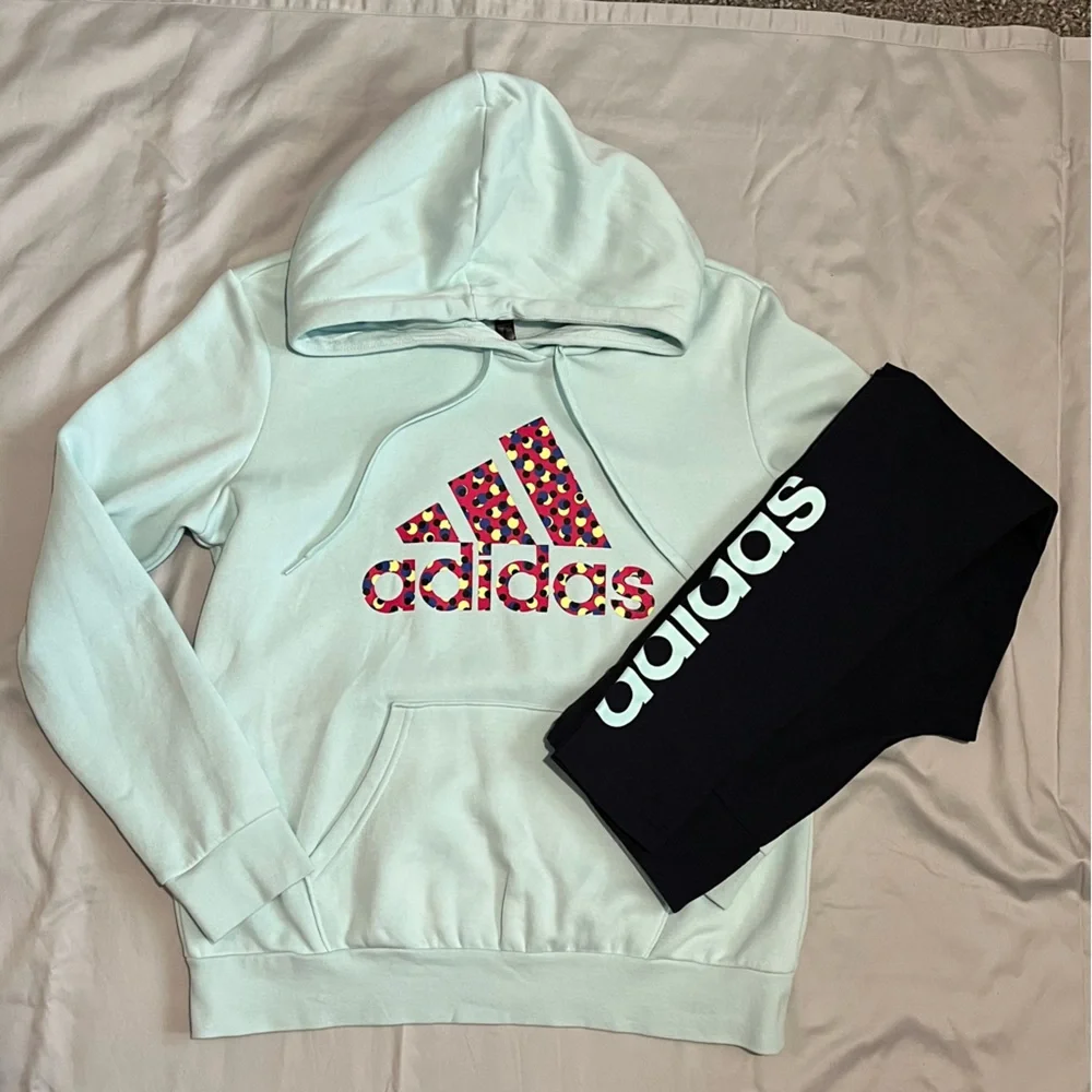 Adidas Baby Blue Mint Sweatshirt Pullover Polka Dot Hoodie Women’s Sz Large - Picture 4 of 10